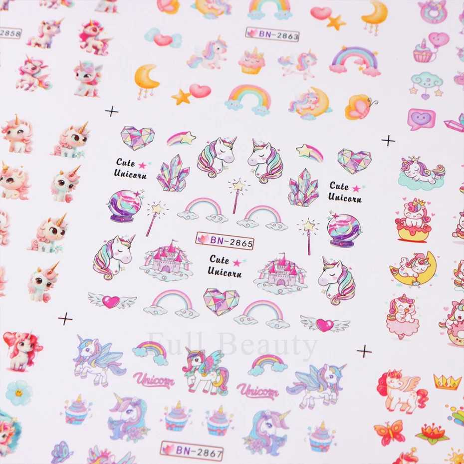 12 Designs Pink Unicorn Water Transfer Slider Rainbow Horse Ice Cream Heart Cartoon Anime Nail Sticker Polishing Nail DecorationXJ250120