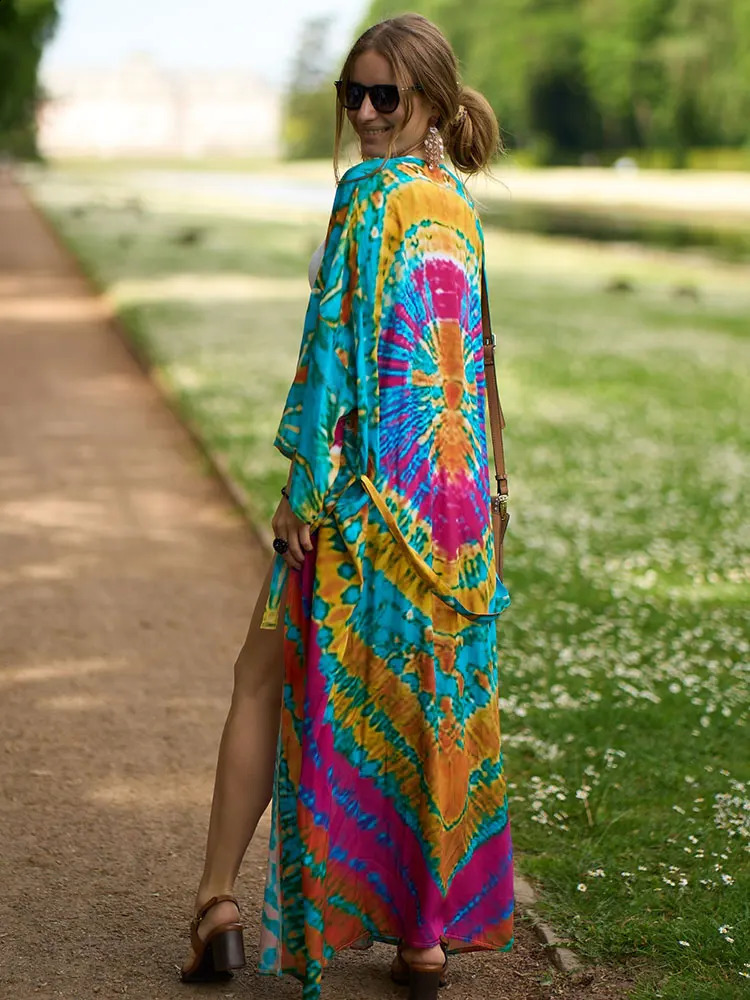 2024 Boho Printed Long Sleeve Belt Kimono Beach Dres Casual Tunic Beachwear Bathing Suit Coverups beach sail Q1451 250122