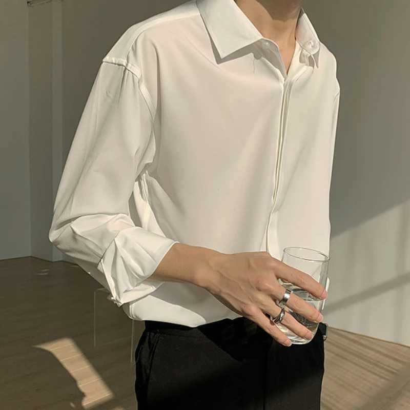 Top Quality Ice Silk Sexy Mens Casual Shirts Solid Color Loose Harajuku Black Long Sleeve Shirt for Men Japanese StreetwearXJ250121