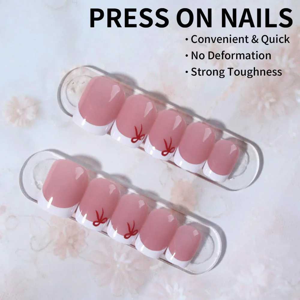 24pcs short square press nails simple white French nails with bow trim short coffin shaped fake nails for women and girls incW250120
