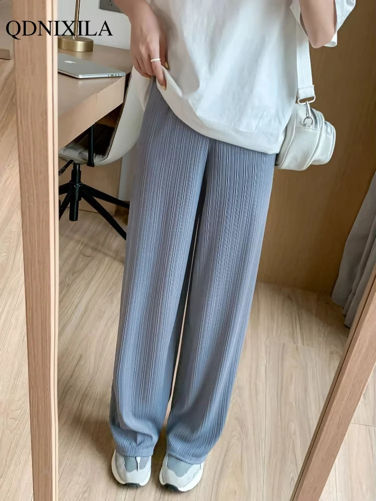 2024 Spring Summer Ice Silk Wide Leg Pants for Women Korean Thin Chiffon High Waist Saggy Loose Straight Casual Fashion Trousers 250121
