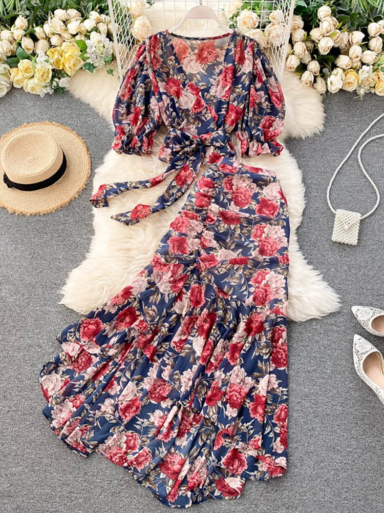 Bohemian Pink/Blue Floral Print Chiffon 2pcs Set Women Summer Bandage Short Tops High Waist Mermaid Skirt Female Sets 250118