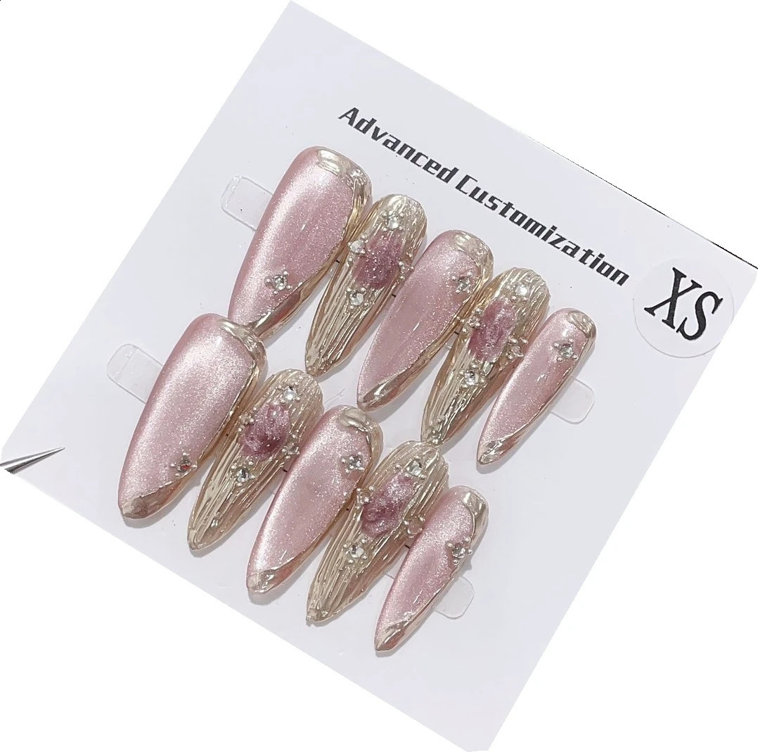 Emmabeauty Pink Crystal Cat Eye Sweet Cool Almond Water Drop Shape Blush Gold Hand Painted Press On Nails with Cool Style 250108
