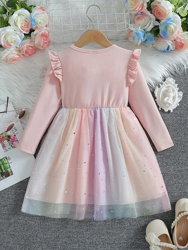 Girls Long Sleeved Bow Dress 26Y Fashion Thin Childrens Starry Sky Sequin Mesh Spring Autumn Kids Clothing 250117