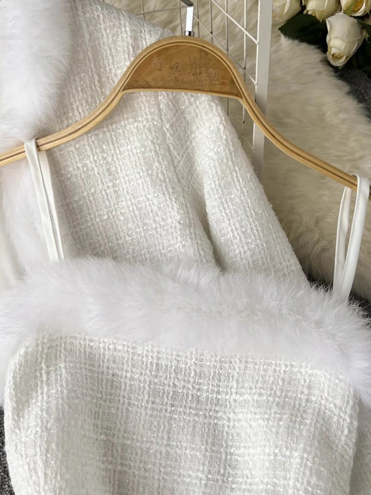 FTLZZ Autumn Winter Women Two Piece Sets Long Sleeve Fur Short Coat and Sexy Spaghetti Strap Bodycon Dress Lady Party Suits 250116