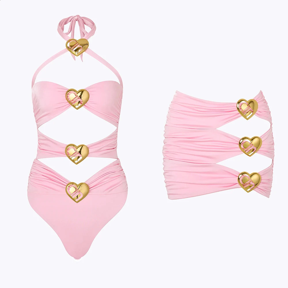 Sexy Heart Cut out One Piece Swimsuit and Skirt Swimwear Women Bodysuit Monokini High Leg Swim Suit Bathing Suit Beachwear 250118