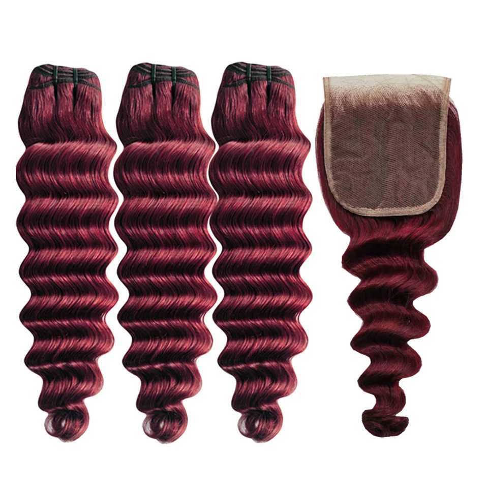 Burgundy Bundles with Clo 99j Loose Deep wave Human Hair with 4x4 lace clo Free Part Virgin Raw Hair ExtensionsXJ250120