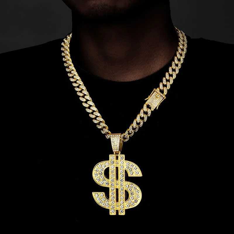 Shiny Rhinestone Dollar Pendant Necklace Mens Womens 15mm Cuban Chain Choker Hip Hop Rap Rock JewelryXJ250121