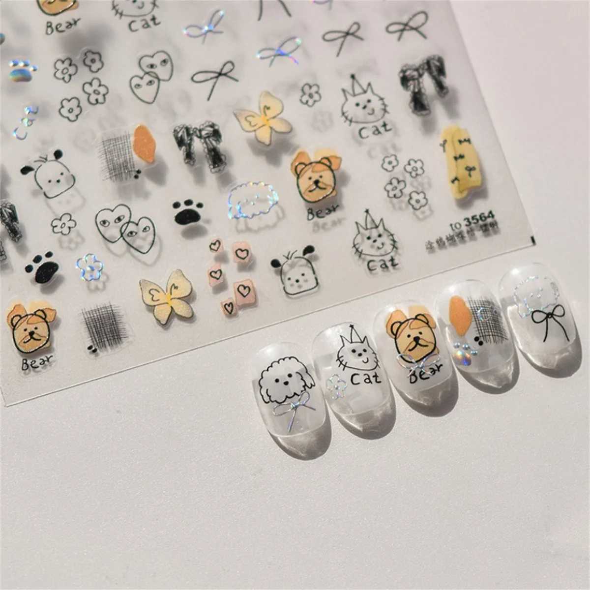 1pcs Cute Sketching Graffiti Animal Cat Dog Rabbit Bear Laser Nail Art Sticker Designs Self Adhesive Decoration Decal AcessoriesXJ250120