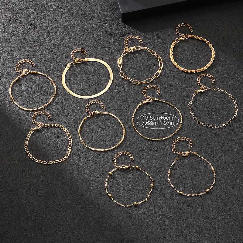 10 Pcs Vintage Statement Gold Color Flat Snake Chain Box Chain Bracelet Boho Multi-layer Metal Bracelet Womens Summer Jewelry W250121