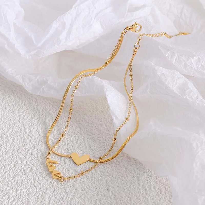 18K Gold Plated Stainl Steel Heart Words Charms Layered Flat Snake Chain Anklets for Women Waterproof Foot JewelryXJ250121