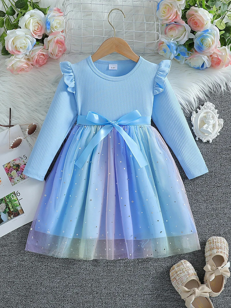 Girls Long Sleeved Bow Dress 26Y Fashion Thin Childrens Starry Sky Sequin Mesh Spring Autumn Kids Clothing 250117