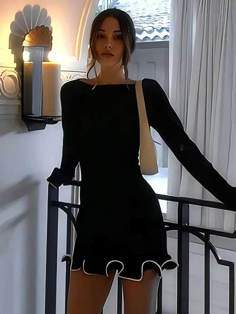 Fashion Autumn O-neck Long Sve Ruched Short Dress 2024 Woman Bodycon Ruffles Package Hip Mini Party Dresses Pink White BlackXJ250115
