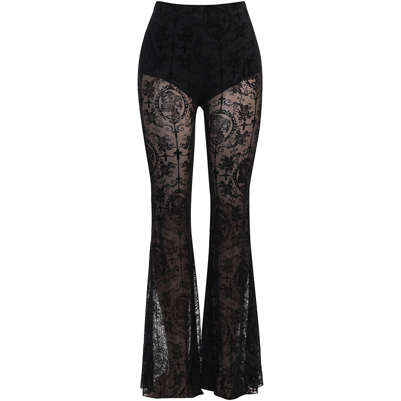 Summer new best-selling women's casual pants dark and sexy slim-fit printed lace high-waisted flared pants for women