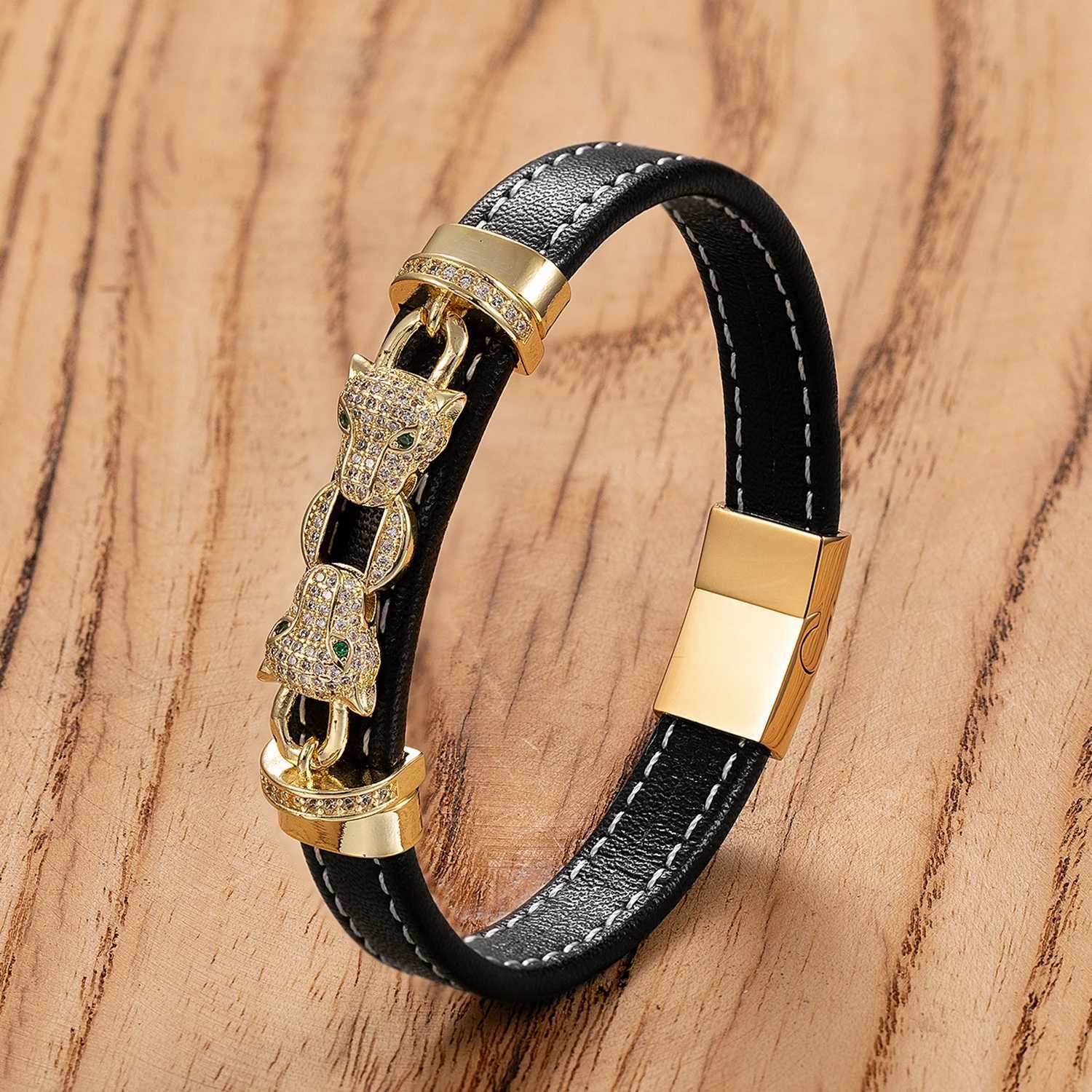 2024 New Style Classic Animal Leopard Head Hand Leather Braided Stainless Steel Bracelet For Man Woman Daily Wear Jewelry Gift W250121