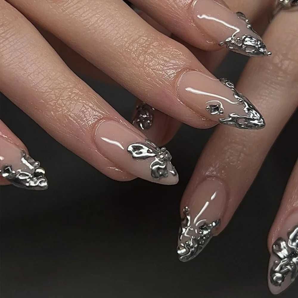 24pcs 3D Silver On Almond False Nails Press on Solid Color Fake Nails Art Round Head Wearable Manicure Set Finished DatachableW250120