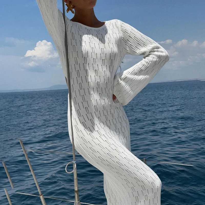 One Piece Sexy Backl Bandage Knit Dr Long Sleeve Crochet Swimsuit Women Swimwear Summer Beach Bikini Cover up skirt W250120