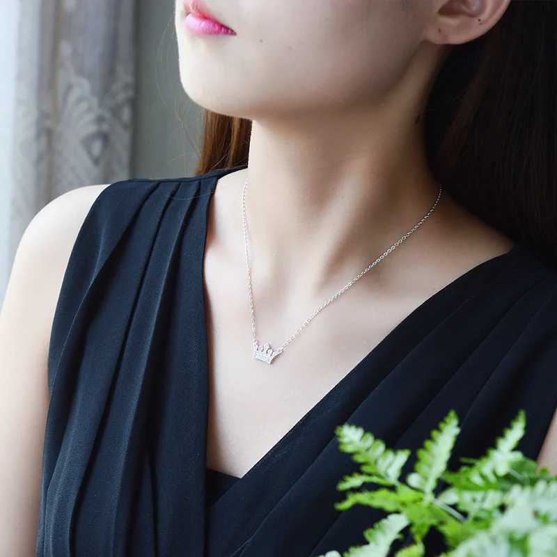 Real 925 Sterling Silver Crystal Crown Charm Pendant Choker Necklace For Girl Women Wedding Statement Female Jewelry GiftXJ250114