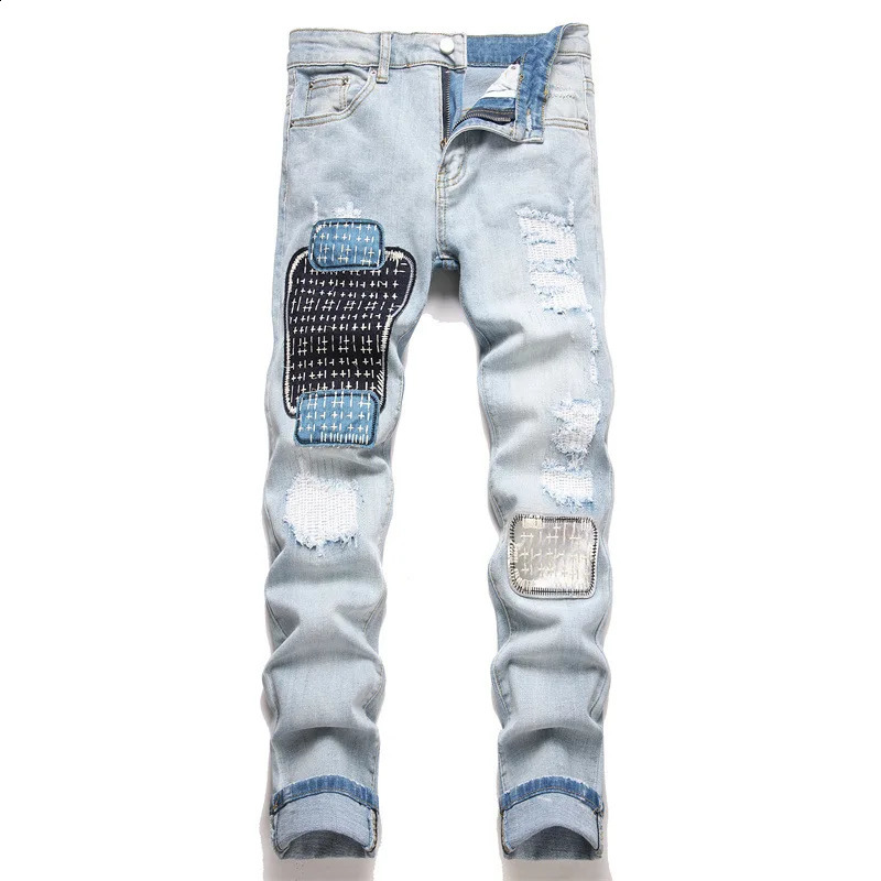 2025 Year Foreign Trade Style Youth Blue with Holes Patch Elastic High Street Mid Waist Feet Mens Jeans3848 250120