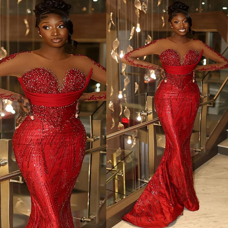 2025 Aso Ebi Red Prom Dress Mermaid Evening Gowns For Black Women Sheer Neck Long Sleeves Appliqued Beaded Lace Birthday Dress Second Reception Gown A