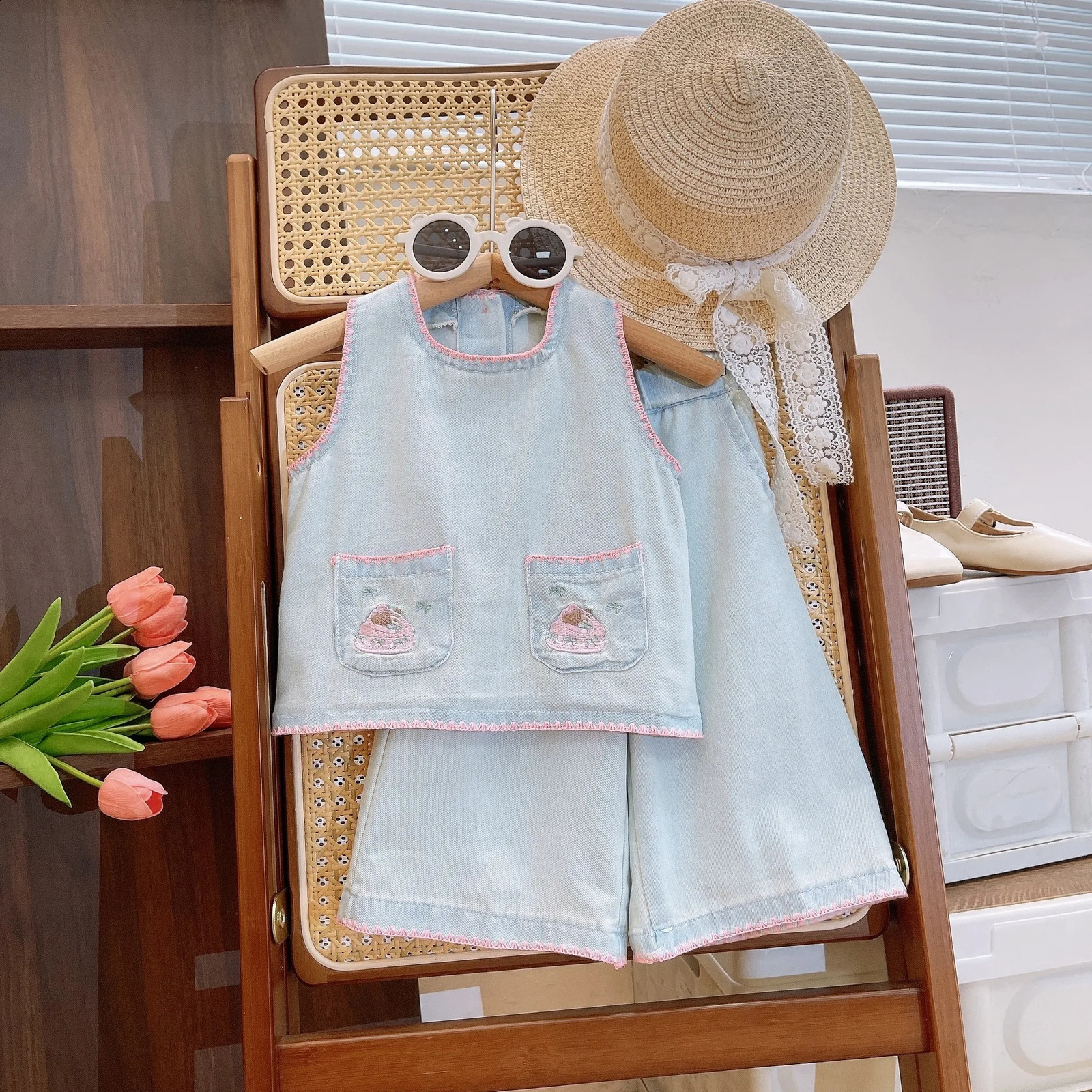 Childrens Clothing Sets Cute Lace Embroidered Denim Sleeveless Top with Wideleg Pants 2pcs Toddler Girl Clothes 250117