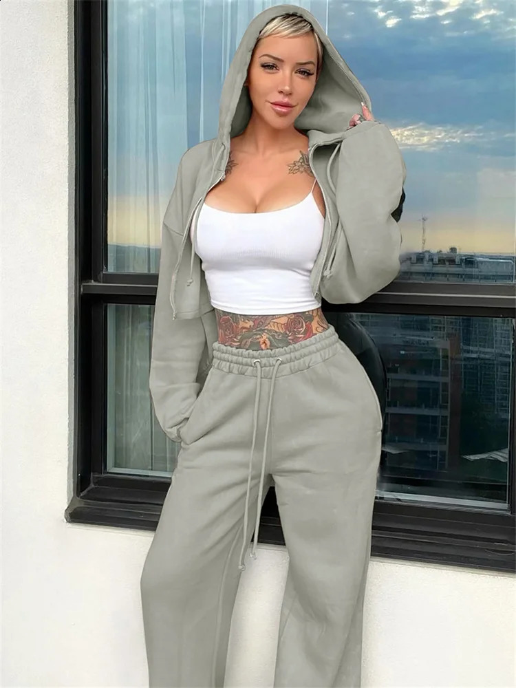 Weird Puss Casual Sporty 2 Piece Set Women Hooded Cardigan Crop JacketDrawstring Straight Pants Solid Simple Classic Tracksuit 250122