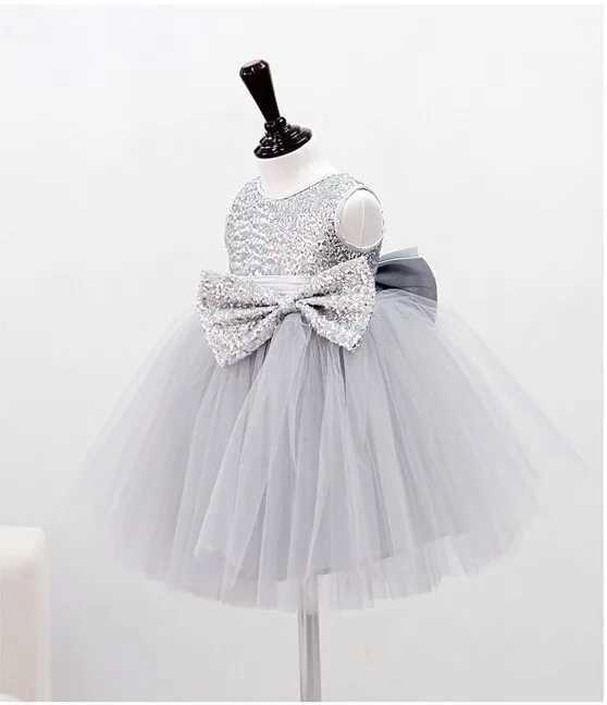 Sweet Baby Girl Dress Silver Sequin Princess Big Bow Sleeveless Infant Summer Dress Toddler Birthday Party Baptism Dress X250203