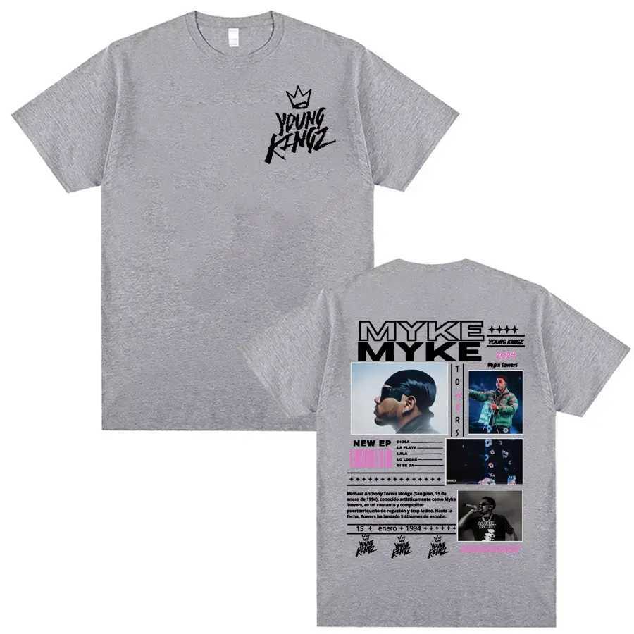 Rap singer Myke Towers Young Kingz tour Merch T-shirt mens fashion retro hip-hop T-shirt casual short sleeved cotton T-shirt X250203