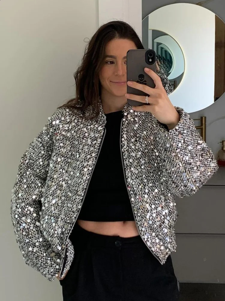 Casual Womens Silver Sequin Stand Collar Coats Elegant Zipper Loose Full Sleeved Short Jackets Female Chic Commute Overcoat 250122