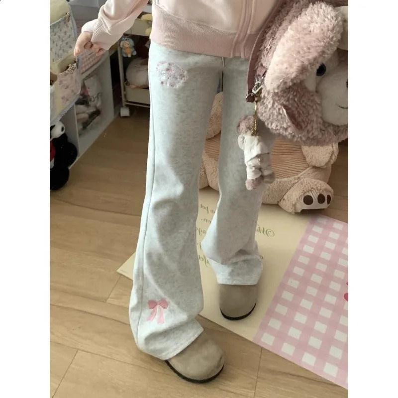 Embroidered Bows Y2k Grey Flare Pants Drawstring Harajuku Long Sports Pants High Waist Japanese Cute Mens Casual Pants 250122