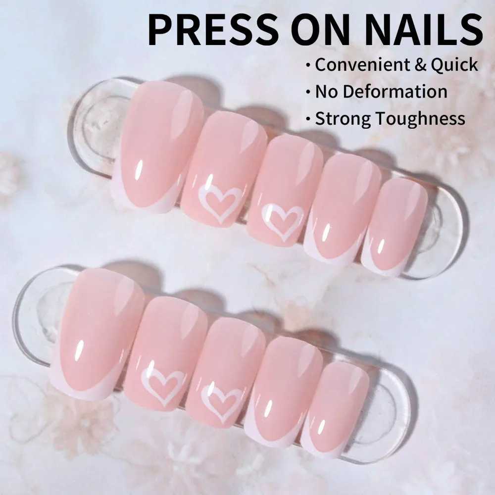 24pcs short square press nails white French nails with heart decoration short coffin shaped fake nails for women and girls inW250120