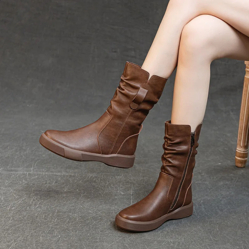 DRKANOL Fashion Women Boots Autumn Winter Plush Warm Mid Calf Round Toe Zipper Pleated Thick Bottom Leather Cotton 250117