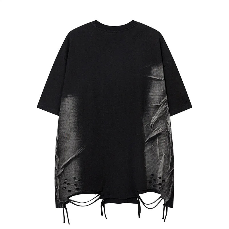 2024 Summer Tie-dye Ripped Hole Hip Hop Punk Rock Short Sleeve T Shirt Men Women High Street Casual Vintage Tees Tops 250109