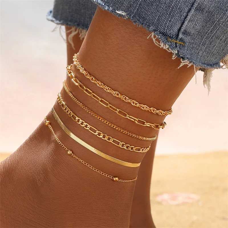Simple Gold Color Anklets for Women Beach Foot Jewelry Leg Chain Ankle Bracelets Female Accories Gifts 6Pcs/SetXJ250121