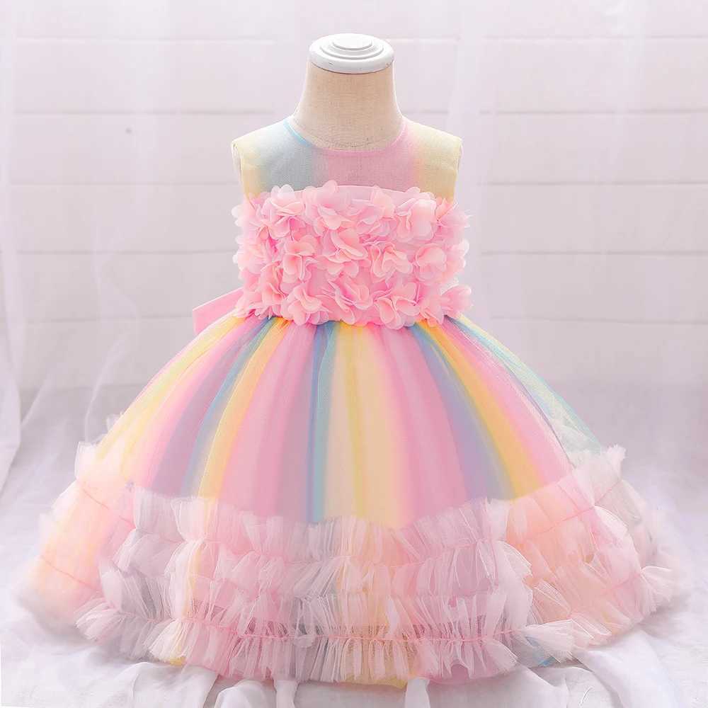 Pink Colorful Cake Flower 1 Years Birthday Dress For Baby Girl Clothing Baptism Lace Princess Dresses Party Wedding Formal Dress X250203
