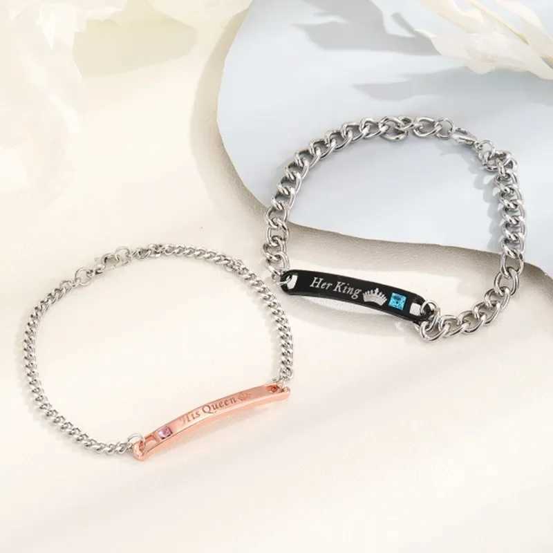 2pcs Fashion Couple Bracelets His Queen Her King Pendant Stainless Steel Bracelets Surprise for Boyfriend Girlfriend W250121