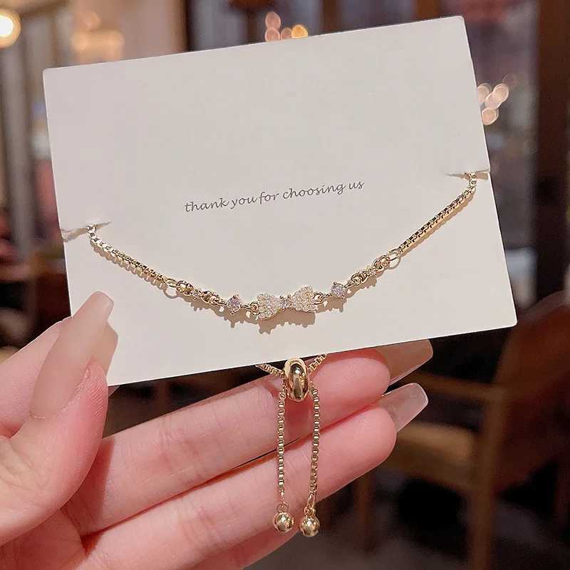 Golden Alloy Sweet Bow Bracelet For Women 2023 New Design Pearl Zircon Inlay High-Quality Adjustable Jewelry Birthday Gift W250121
