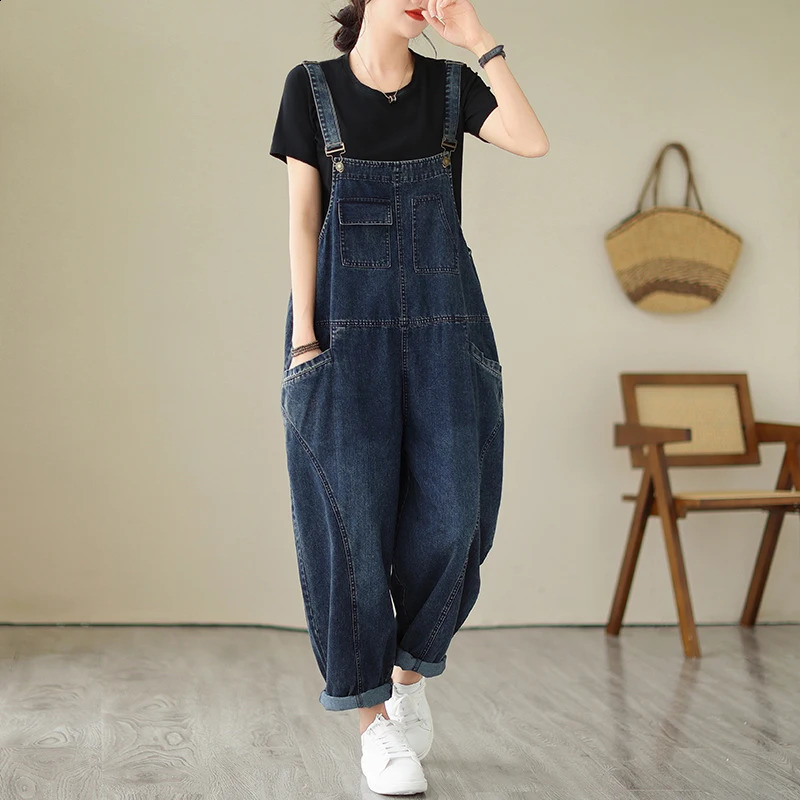 6223 Spring Fall Fashion Womens Multi Pocket Cargo Suspender Female Vintage Patchwork Blue Denim Overalls Casual Loose Jumpsuit 250122