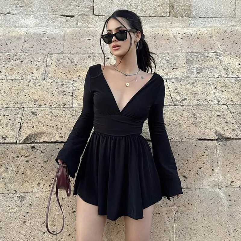 Women Vintage Ele Dresses Deep V Neck Sexy Backless Flared Long Sve Waist Tightening Streetwear Autumn Mini Dress XJ250115