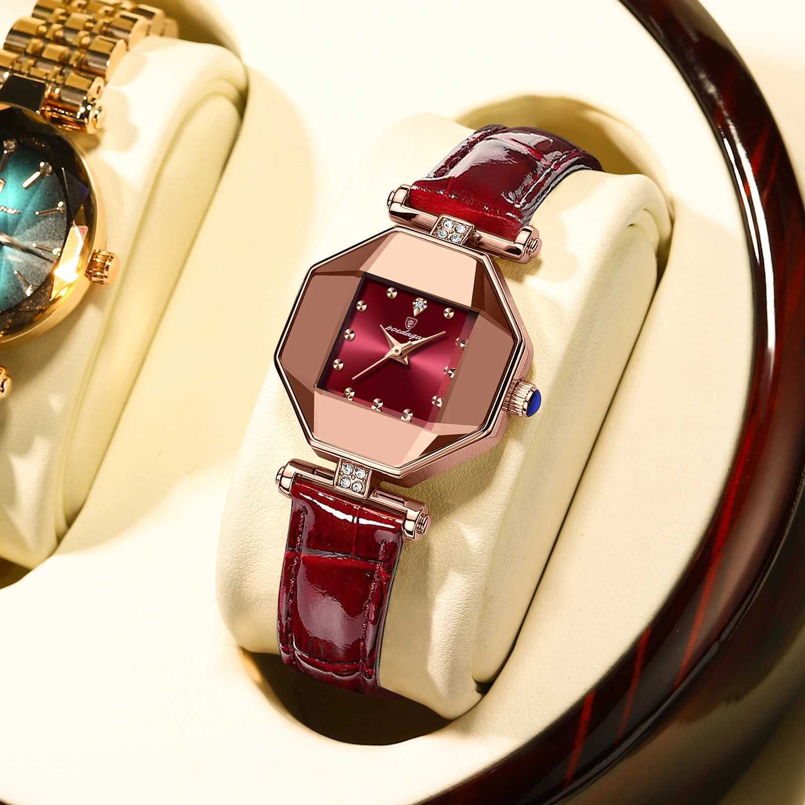 POEDAGAR Wen Watches Fashion Square Diamond Wine Red Leather Quartz Watch Luxury Rose Gold Waterproof Ladies Wristwatch Gift X250203