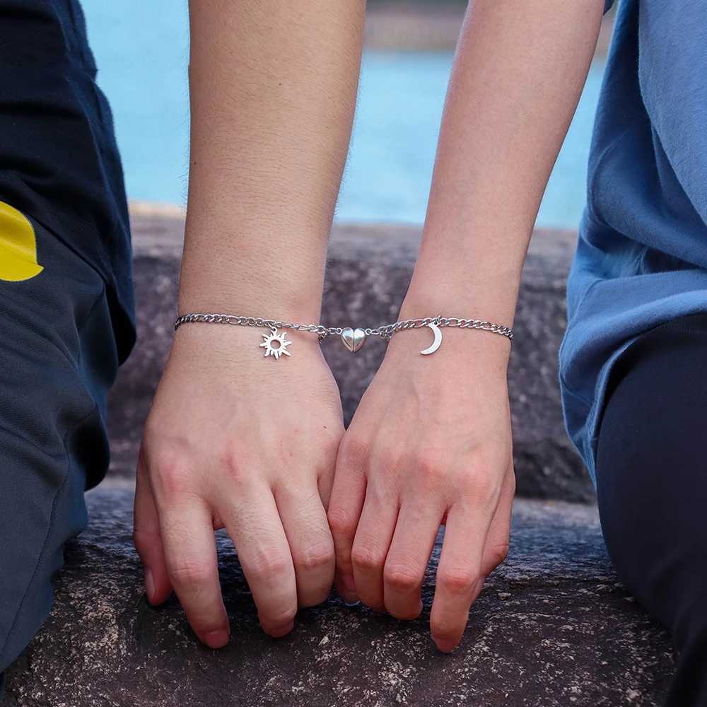 2Pcs Sun Moon Charm Magnet Attraction Stainless steel Bracelets for Couples Men Women Jewelry Wholesale Valentines Day Gifts W250121