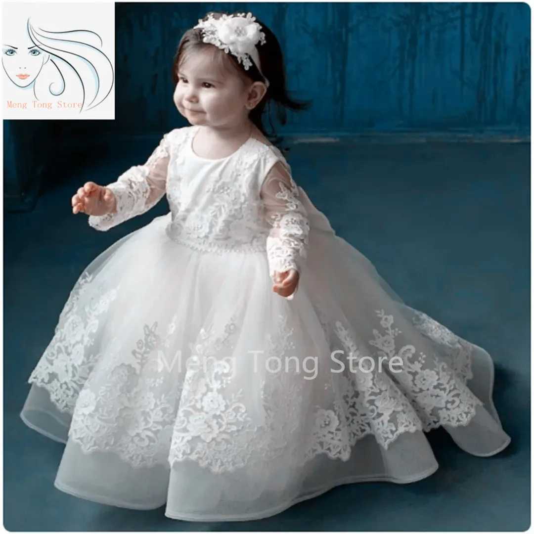 Baptism White Flower Girl Dresses Tulle Appliques With Bow Long Sleeve For Wedding Birthday Holy Communion Gowns X250203