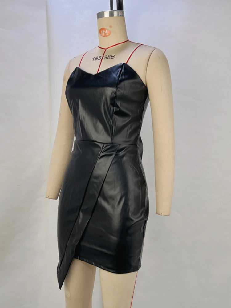 Sexy PU Leather Off Shoulder V Neck Slim Bodycon Dress Women Sveless Skinny Evening Mini Dress Club Party VestidosXJ250115