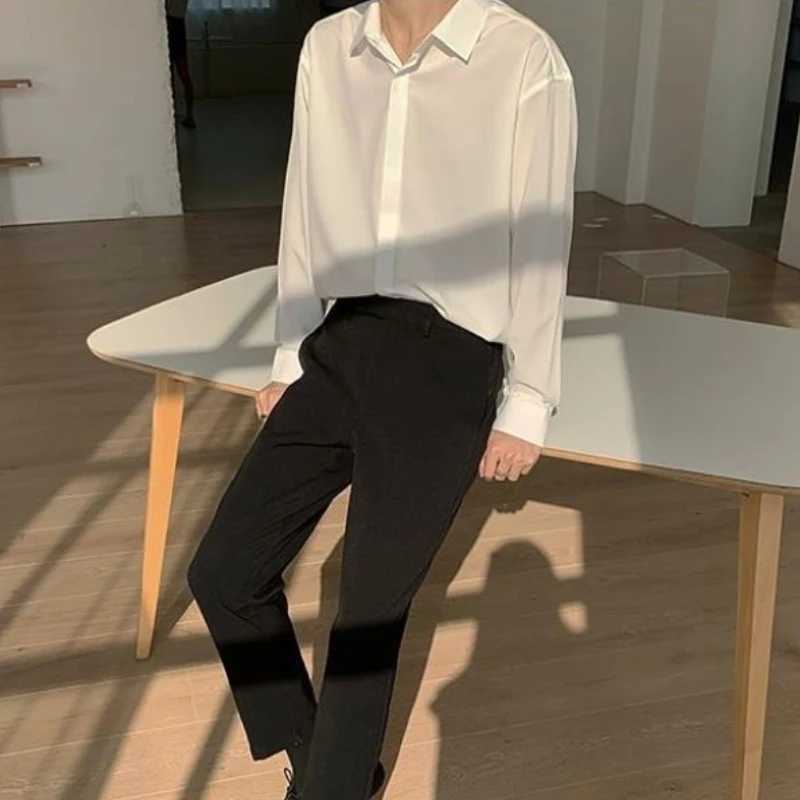 Top Quality Ice Silk Sexy Mens Casual Shirts Solid Color Loose Harajuku Black Long Sleeve Shirt for Men Japanese StreetwearXJ250121