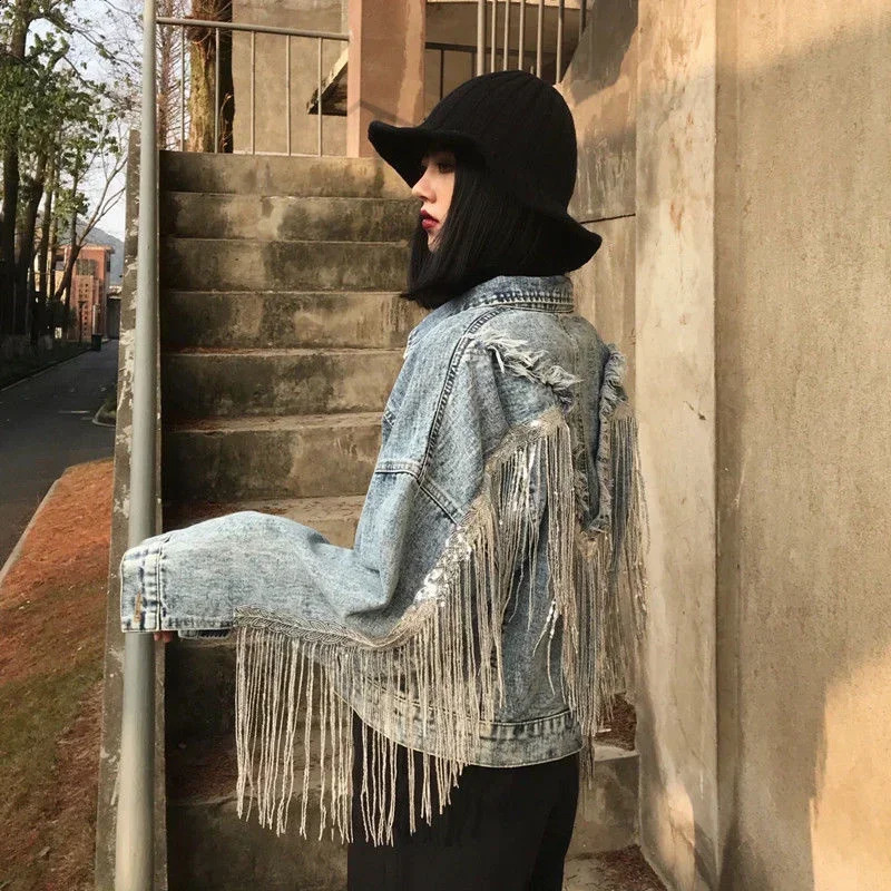 High Quality Denim Jackets Female Spring And Autumn Sequined Tassels Loose Streetwear Womens Outerwear Coats 250116