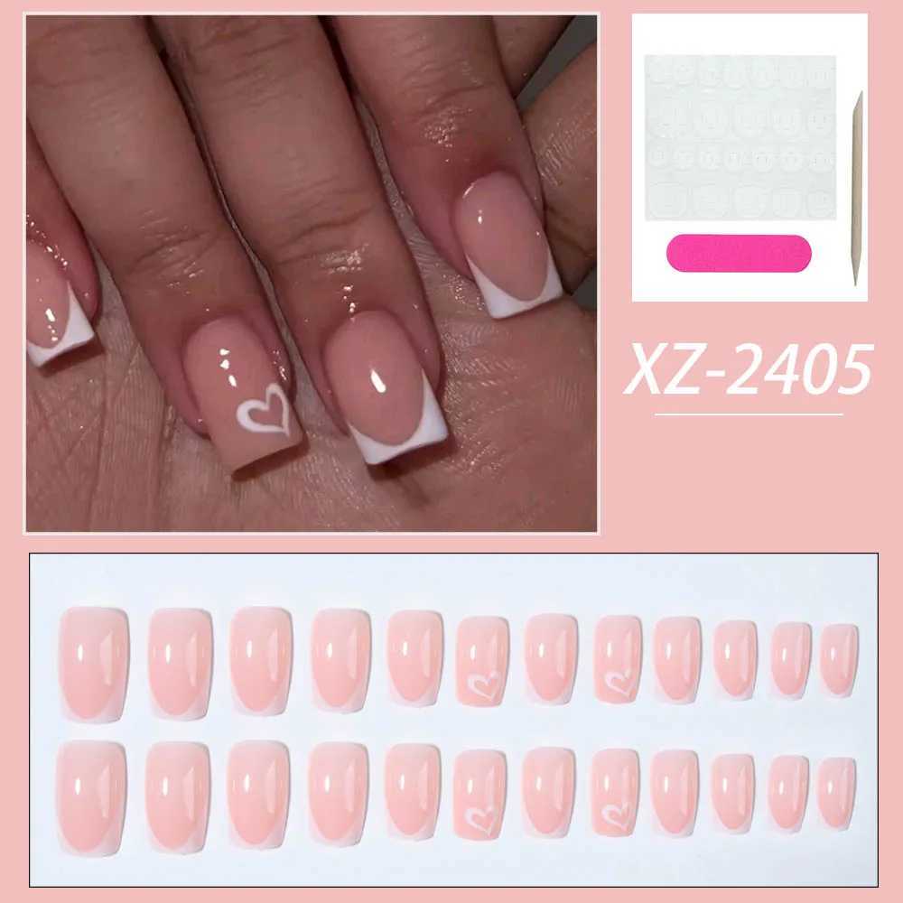24pcs short square press nails white French nails with heart decoration short coffin shaped fake nails for women and girls inW250120