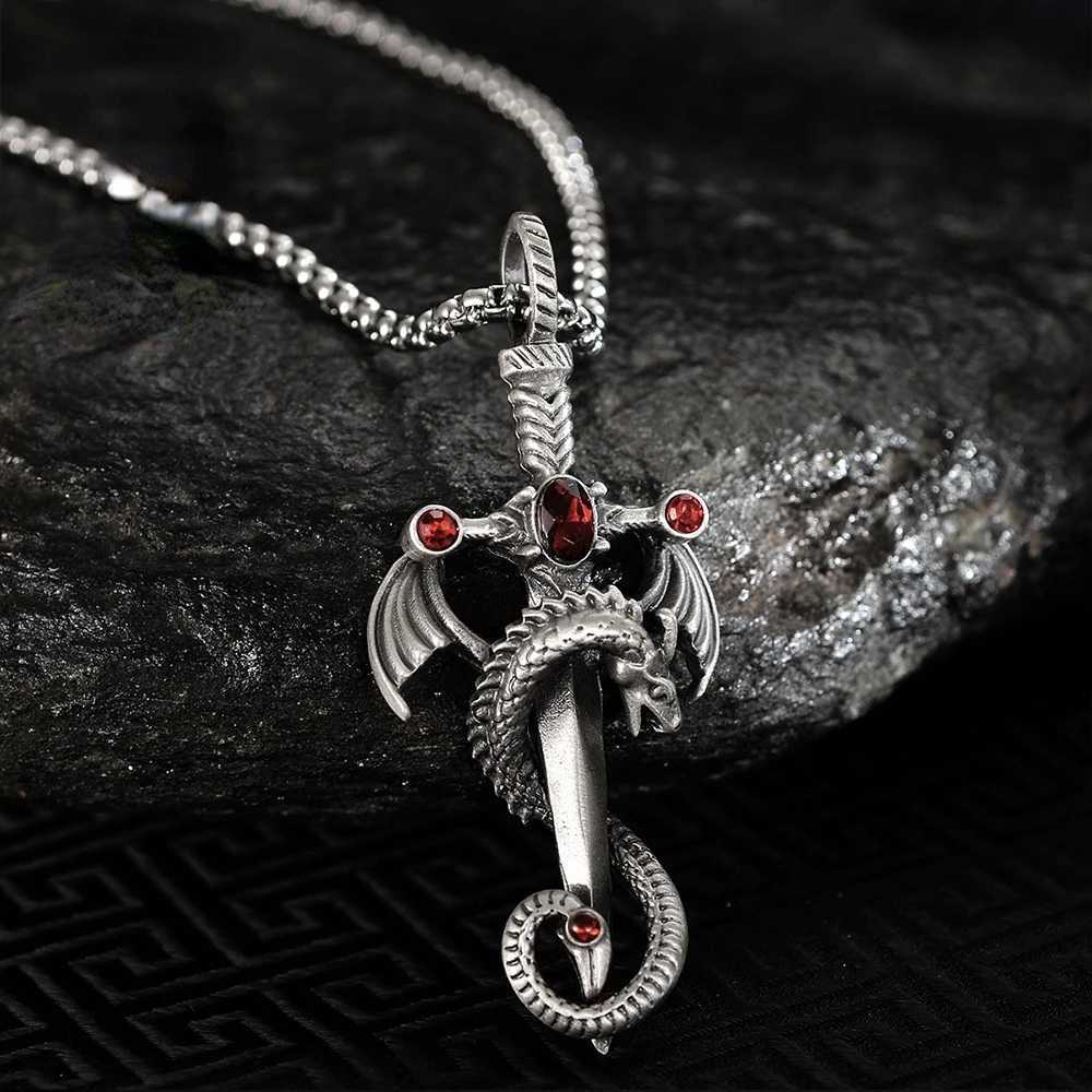 Vintage Silver Color Dragon Sword Cross Pendant Necklace for Men Womens Goth Punk Long Chain Necklace Hip Hop JewelryXJ250121