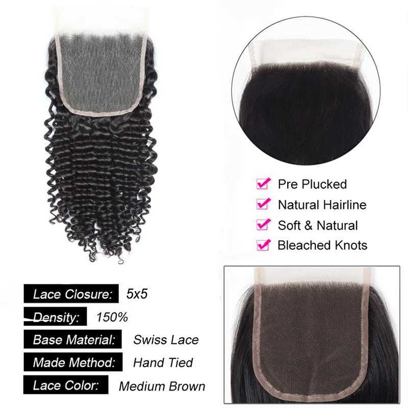 5x5 Deep Curly Lace Clo Transparent Curly Human Hair Brazilian Hair Swiss Lace Clos Melt Skins Small KnotsXJ250120