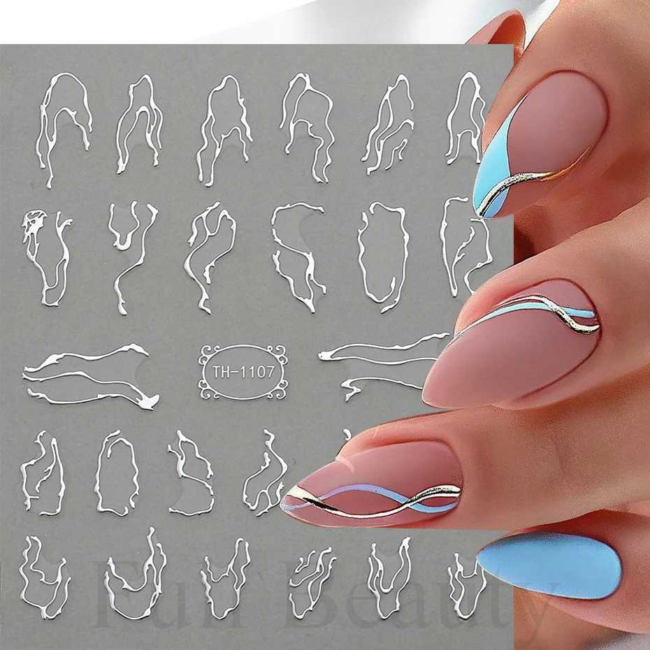 3D Golden Wave Line Nail Sticker Marble Blue Geometry Abstract Flowers Nail Art Sliders Decals Foils Manicure Decorations CHTHXJ250120