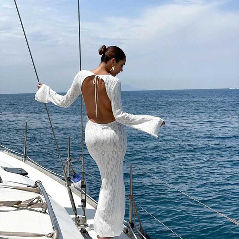 One Piece Sexy Backl Bandage Knit Dr Long Sleeve Crochet Swimsuit Women Swimwear Summer Beach Bikini Cover up skirt W250120